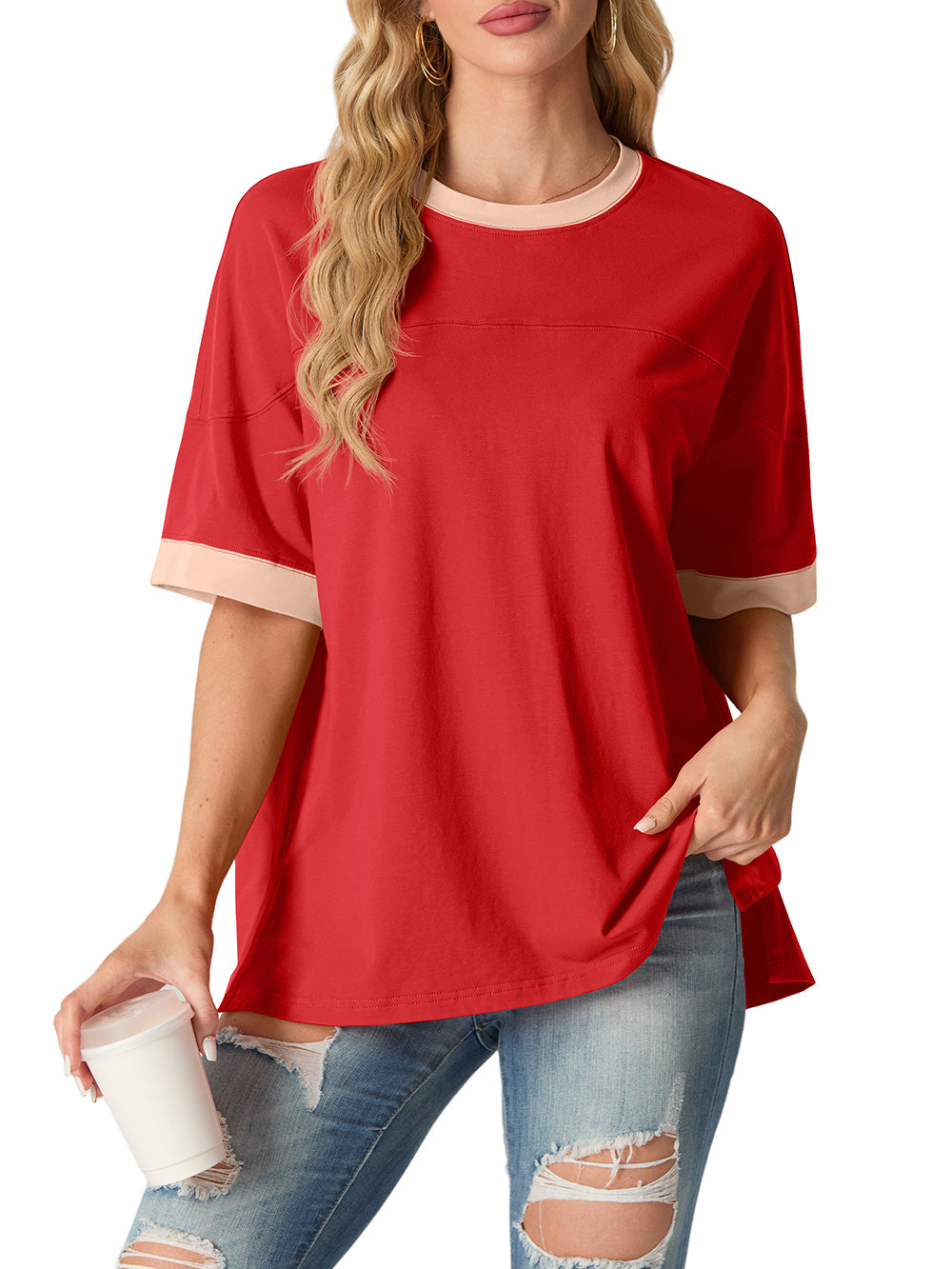 Women's Top Short Sleeved T-Shirt Round Neck Casual Blouses Patchwork Split Hem Tee Top