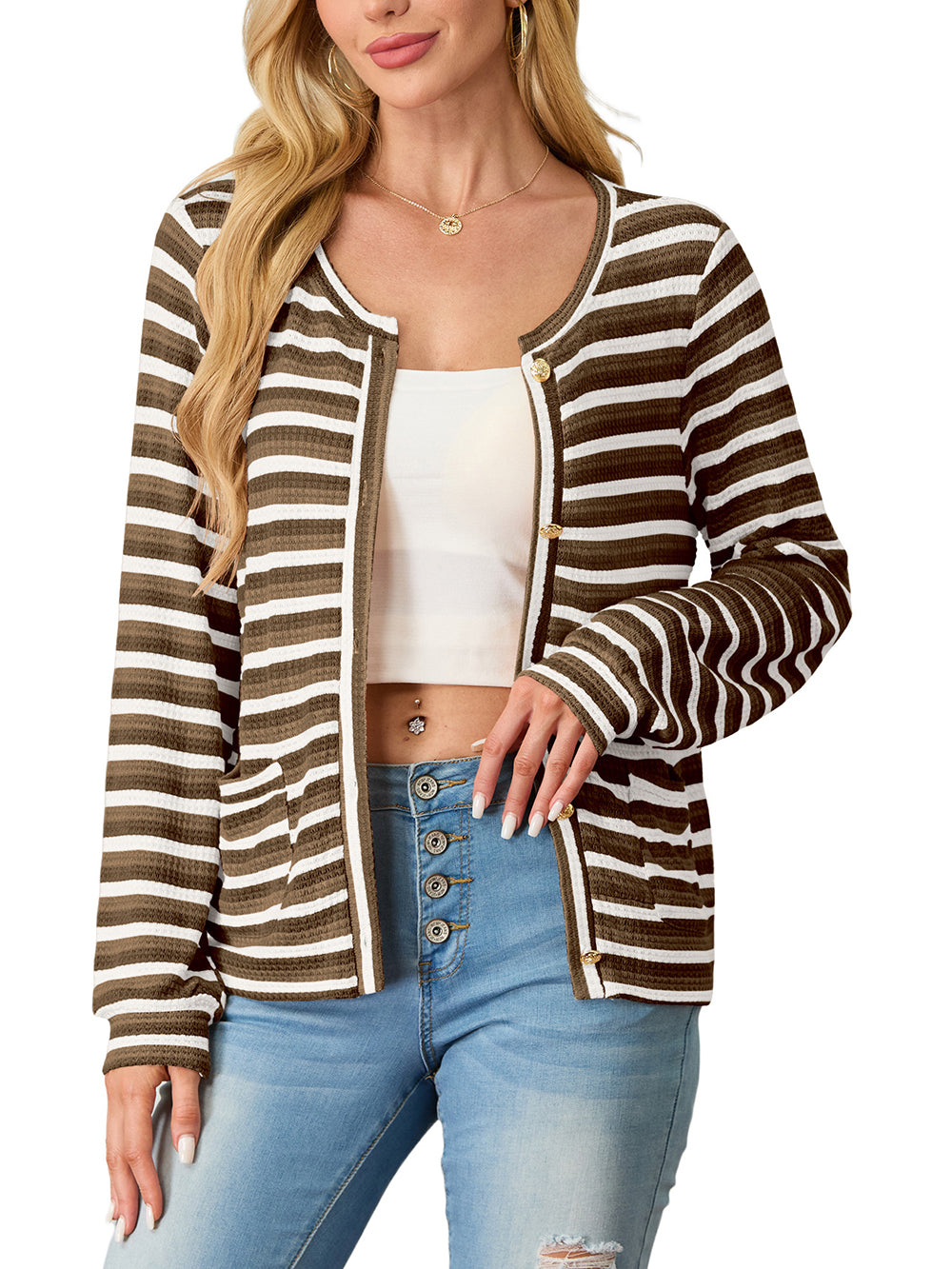 Women's cardigan long sleeved button knit stripe with pocket