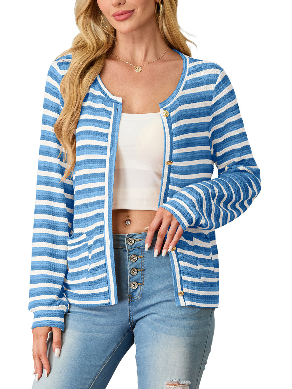 Women's cardigan long sleeved button knit stripe with pocket