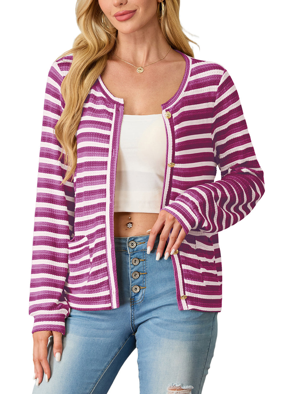 Women's cardigan long sleeved button knit stripe with pocket
