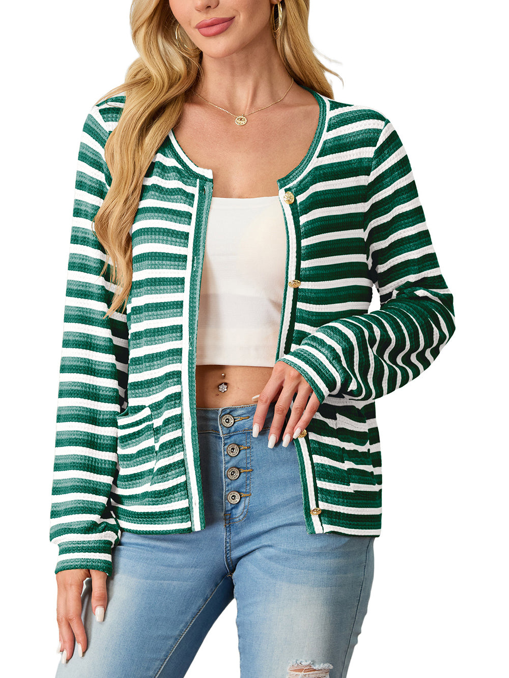 Women's cardigan long sleeved button knit stripe with pocket