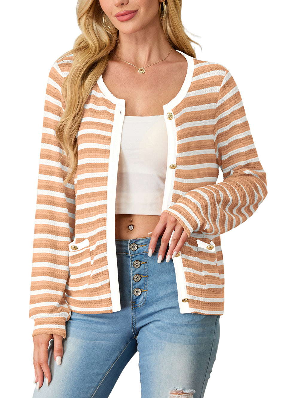 Women's cardigan long sleeved button knit stripe with pocket