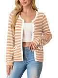 Women's cardigan long sleeved button knit stripe with pocket