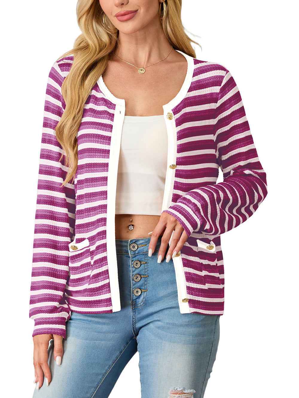Women's cardigan long sleeved button knit stripe with pocket