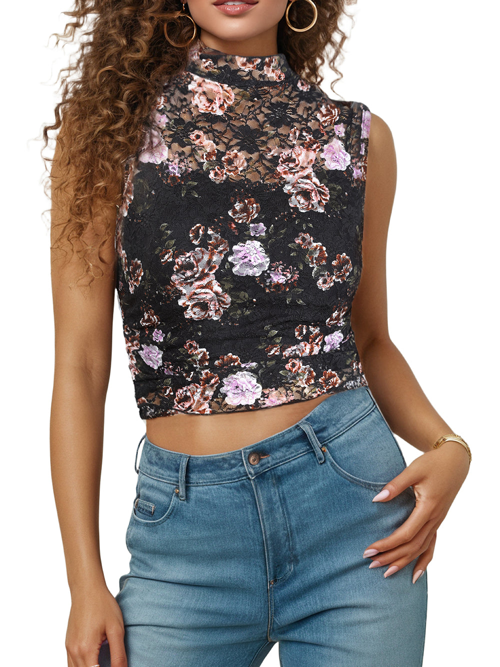 Women's Blouses Sleeveless Lace Top Mock Neck Sexy Mesh See Through Tee Shirts Party Club Lace Tank Tops For Women