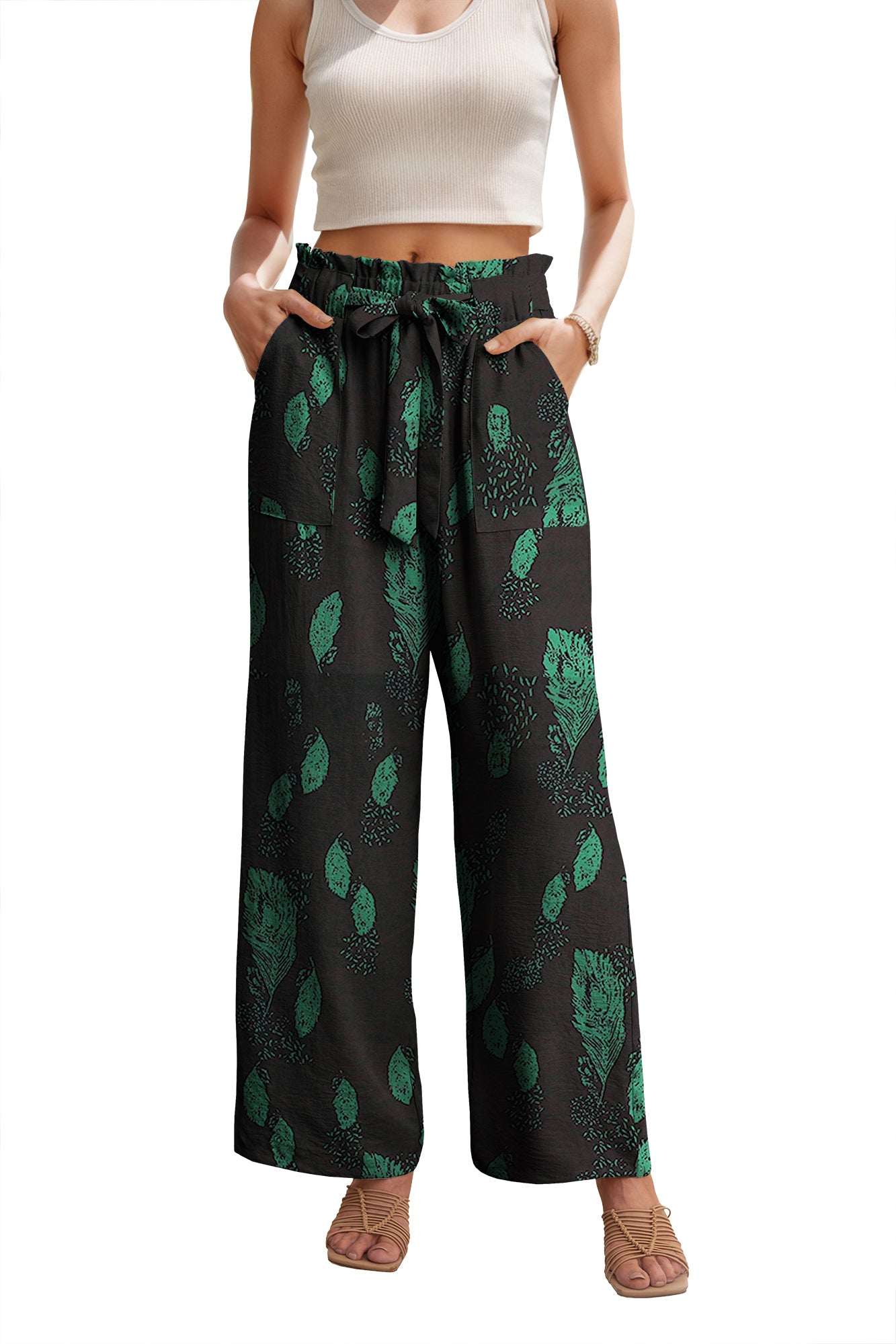 WD Women's Wide Leg Pants With Pockets High Waist Adjustable Knot Loose Casual Trousers Business Work Casual Pants