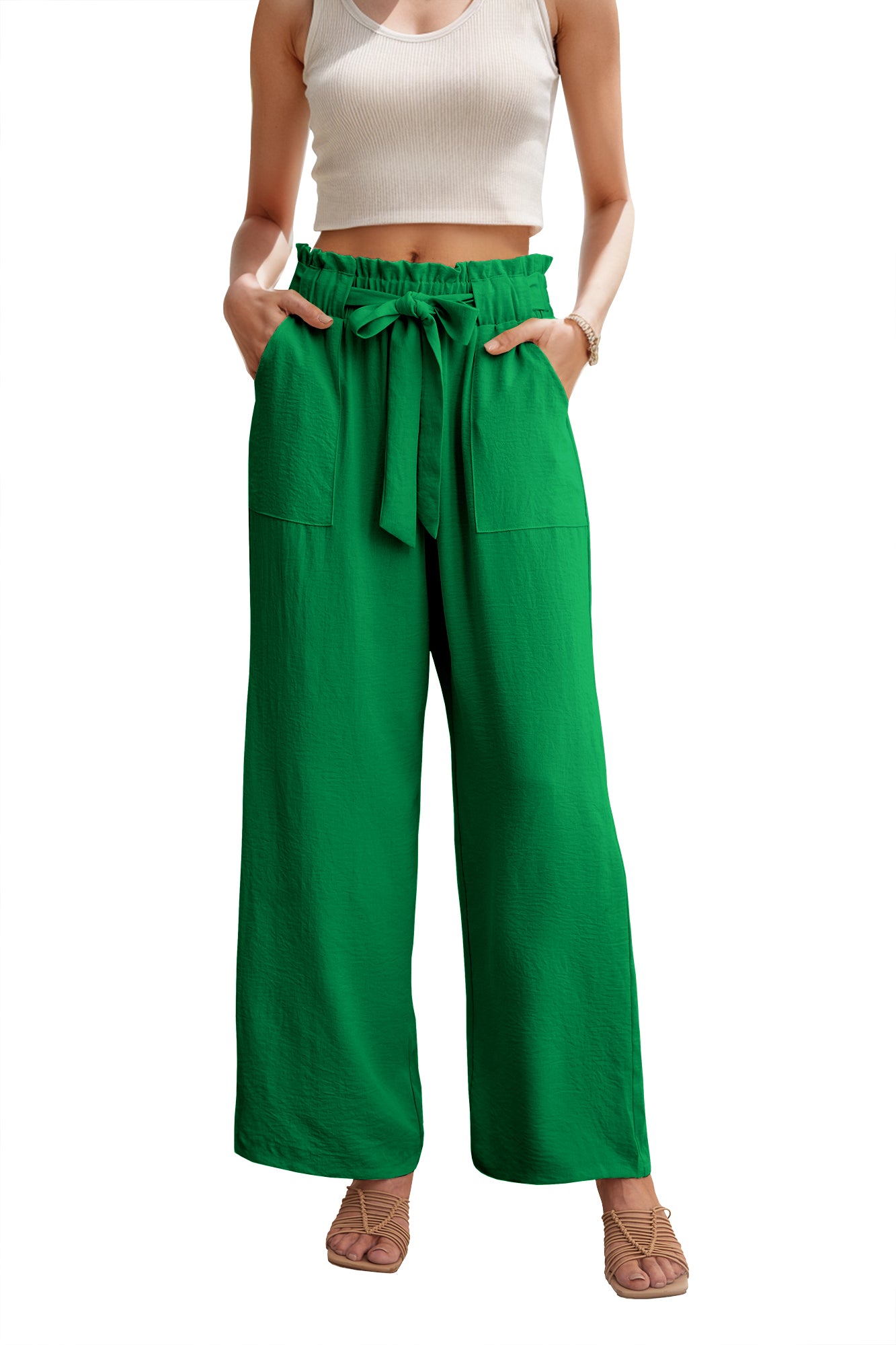 WD Women's Wide Leg Pants With Pockets High Waist Adjustable Knot Loose Casual Trousers Business Work Casual Pants
