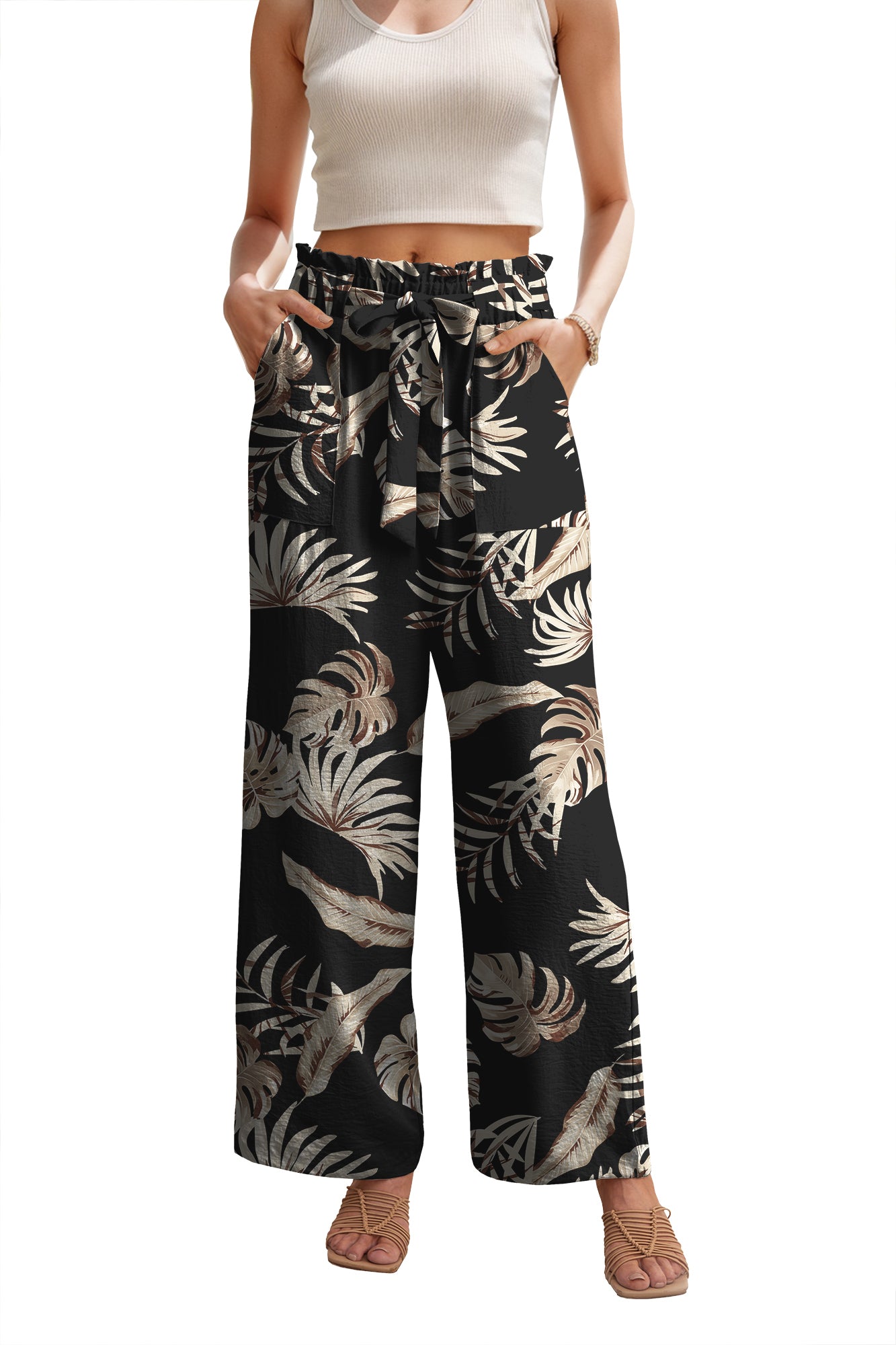 WD Women's Wide Leg Pants With Pockets High Waist Adjustable Knot Loose Casual Trousers Business Work Casual Pants