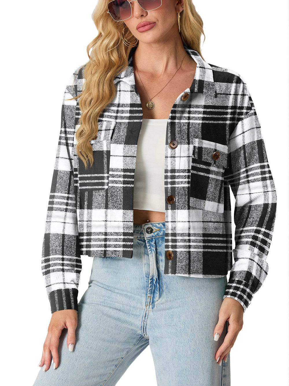 Women's Fashion Cropped Solid Color Casual Button Long Sleeve Jacket Top