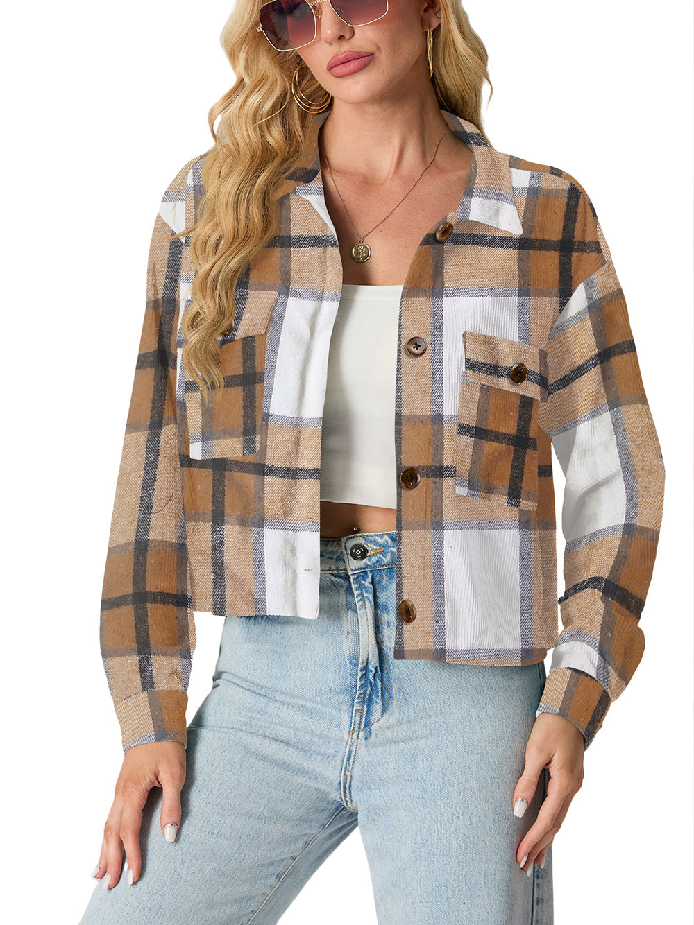 Women's Fashion Cropped Solid Color Casual Button Long Sleeve Jacket Top