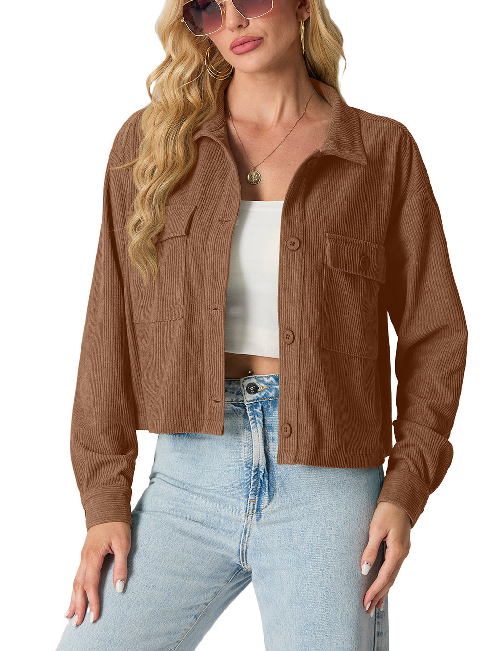 Women's Fashion Cropped Solid Color Casual Button Long Sleeve Jacket Top