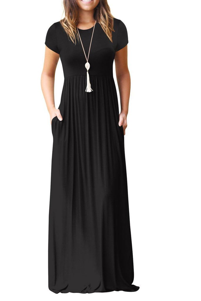 Short Sleeve Loose Plain Maxi Dresses Casual Long Dresses with Pockets Black White Navy Blue White