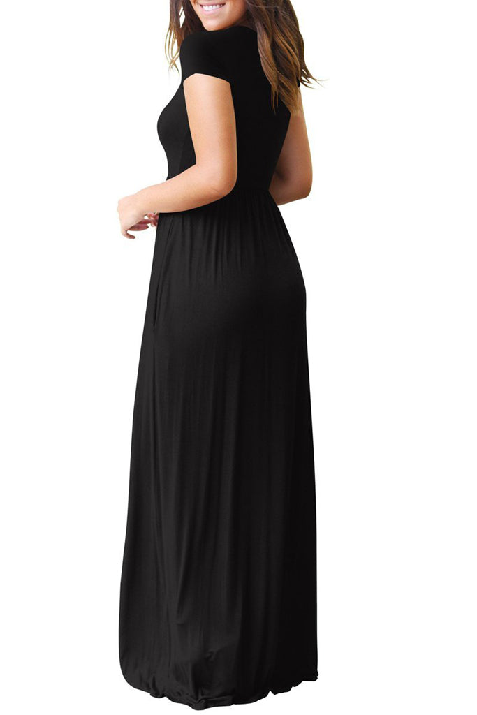 Short Sleeve Loose Plain Maxi Dresses Casual Long Dresses with Pockets Black White Navy Blue White