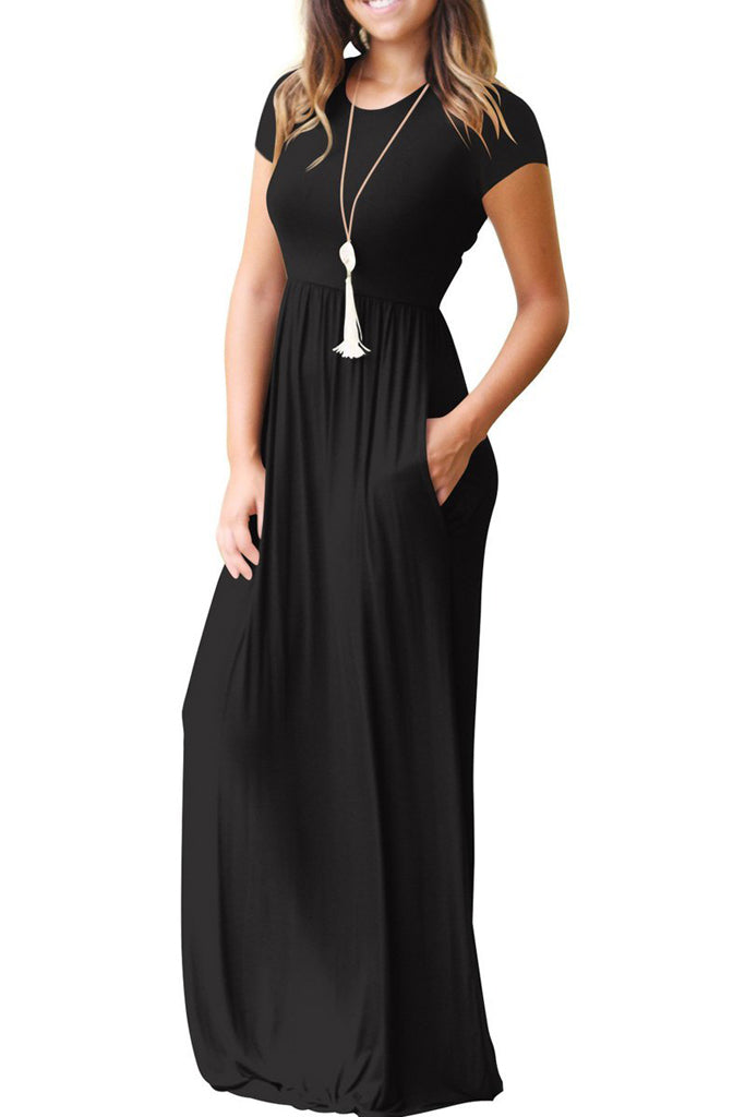 Short Sleeve Loose Plain Maxi Dresses Casual Long Dresses with Pockets Black White Navy Blue White