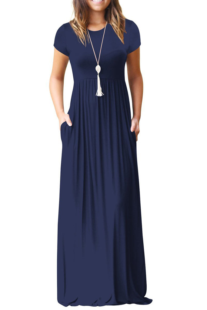 Short Sleeve Loose Plain Maxi Dresses Casual Long Dresses with Pockets Black White Navy Blue White