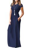 Short Sleeve Loose Plain Maxi Dresses Casual Long Dresses with Pockets Black White Navy Blue White