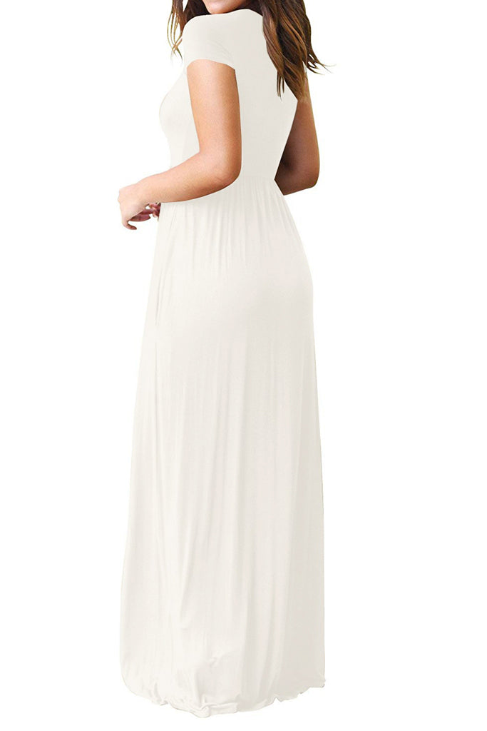 Short Sleeve Loose Plain Maxi Dresses Casual Long Dresses with Pockets Black White Navy Blue White