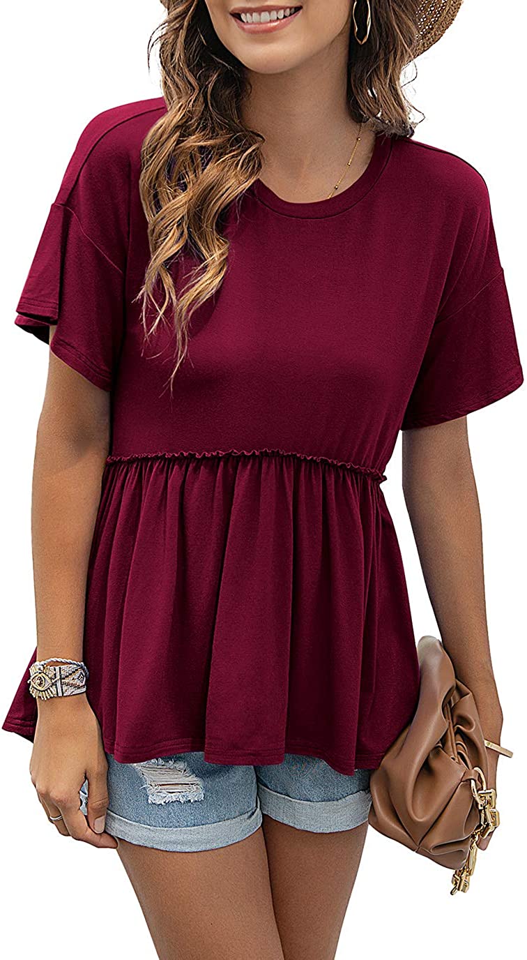 Women's Loose Ruffle Hem Short Sleeve High Low Peplum Blouse Top