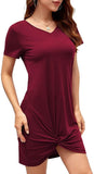 Women Summer Short Sleeve Loose Tshirt Dress V Neck Front Knot Twist Casual Dresses