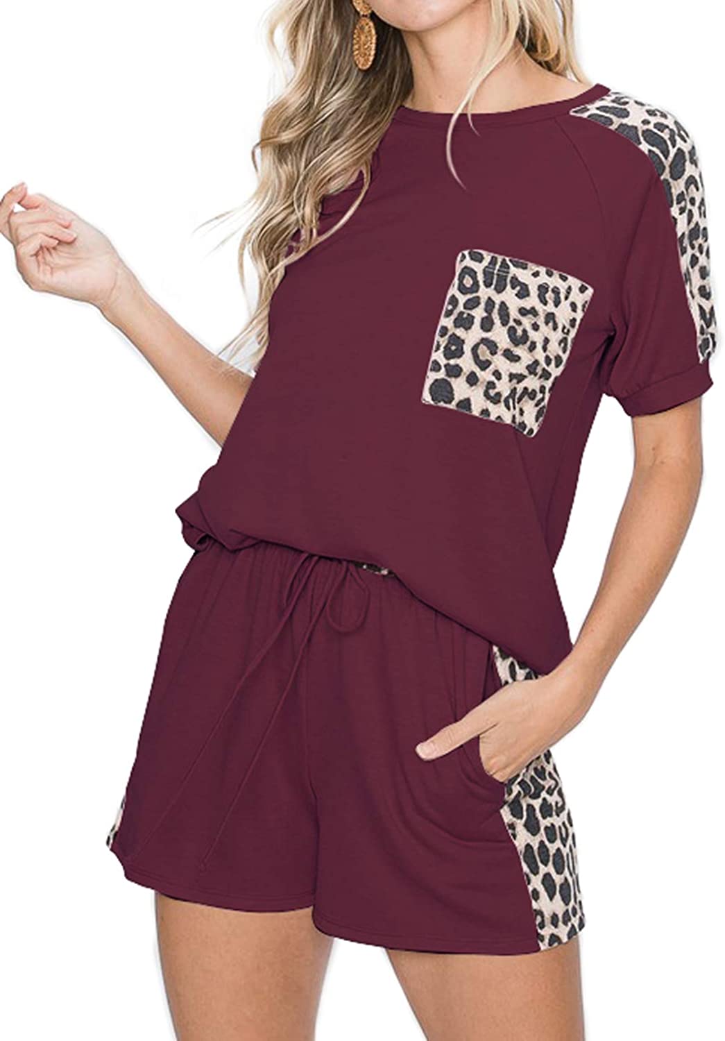 Women’s Casual Leopard Printed Pajamas Set Short Sleeve Tops With Shorts Lounge Set Two-Piece Sleepwear With Pockets