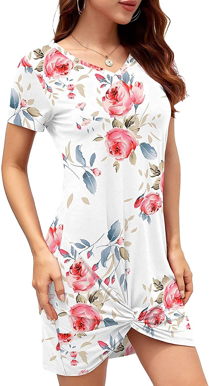 Women Summer Short Sleeve Loose Tshirt Dress V Neck Front Knot Twist Casual Dresses
