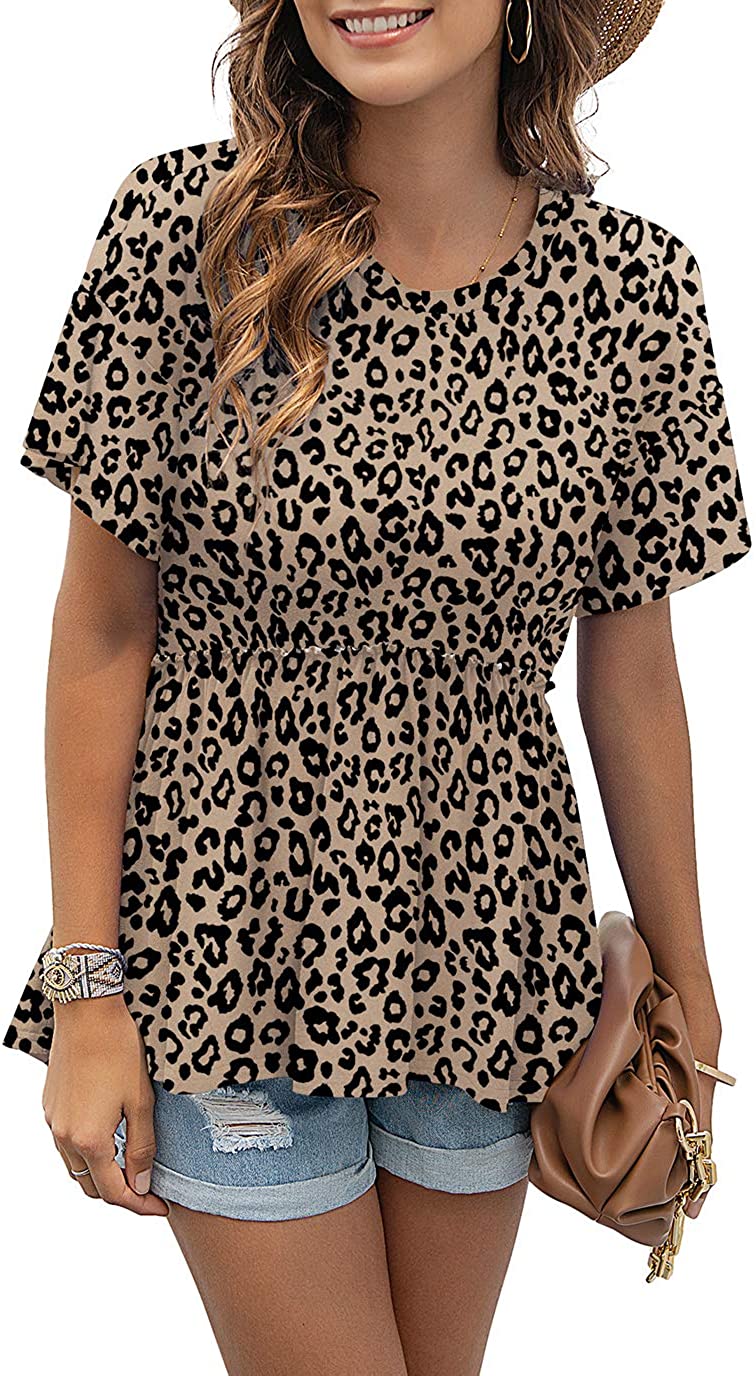 Women's Loose Ruffle Hem Short Sleeve High Low Peplum Blouse Top