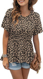 Women's Loose Ruffle Hem Short Sleeve High Low Peplum Blouse Top