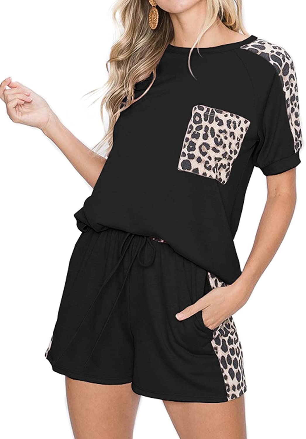 Women’s Casual Leopard Printed Pajamas Set Short Sleeve Tops With Shorts Lounge Set Two-Piece Sleepwear With Pockets
