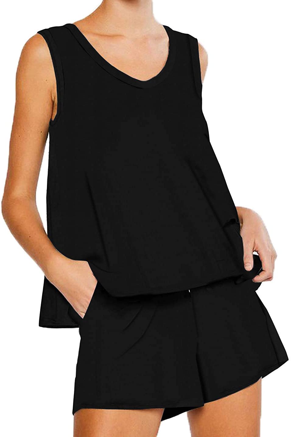 Womens Casual Sleeveless Tank With Shorts Sleepwear Set Nightwear Pj Set Loungewear With Pockets