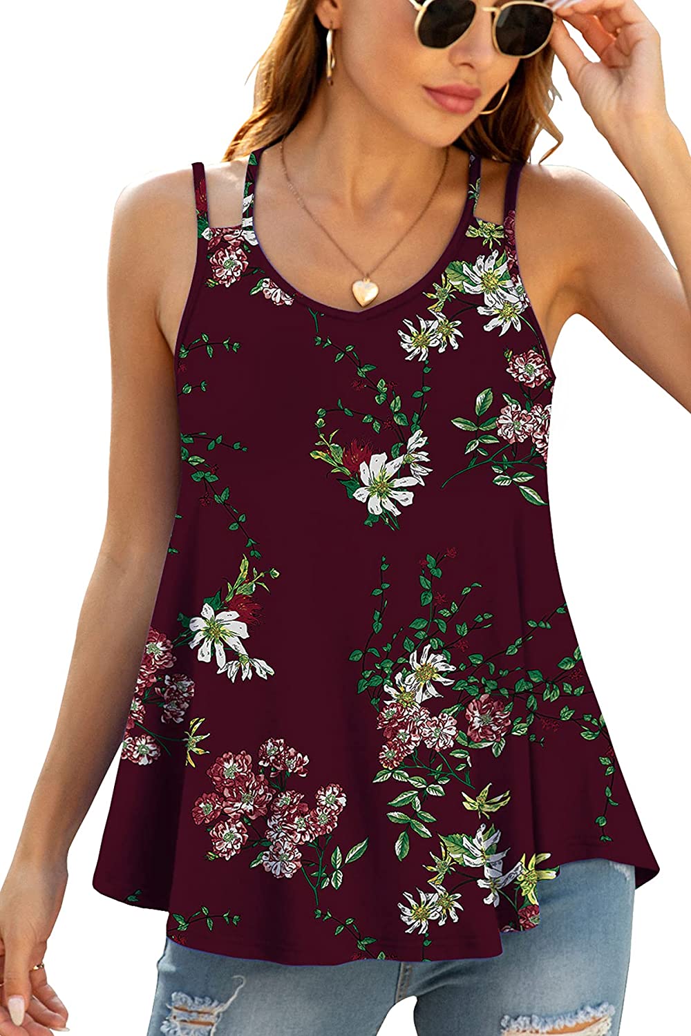 Women’s V-Neck Flowy Summer Two Spaghetti Straps Sexy Casual Sleeveless Tank Tops Shirts