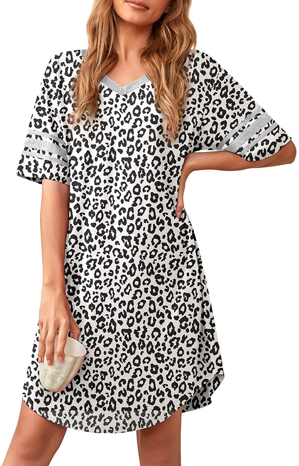 Women's Nightgown Soft Sleep Shirt V Neck Short Sleeve Loungewear Loose Comfy NightShirts