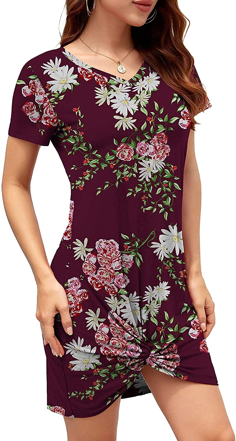 Women Summer Short Sleeve Loose Tshirt Dress V Neck Front Knot Twist Casual Dresses