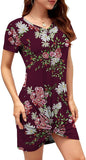 Women Summer Short Sleeve Loose Tshirt Dress V Neck Front Knot Twist Casual Dresses