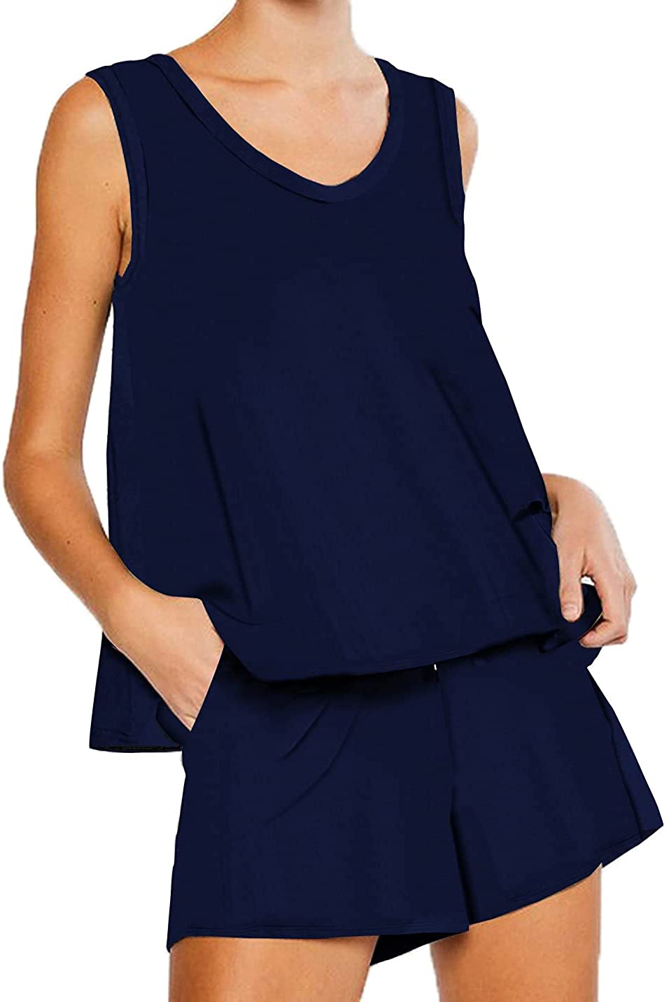 Womens Casual Sleeveless Tank With Shorts Sleepwear Set Nightwear Pj Set Loungewear With Pockets