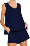 Womens Casual Sleeveless Tank With Shorts Sleepwear Set Nightwear Pj Set Loungewear With Pockets