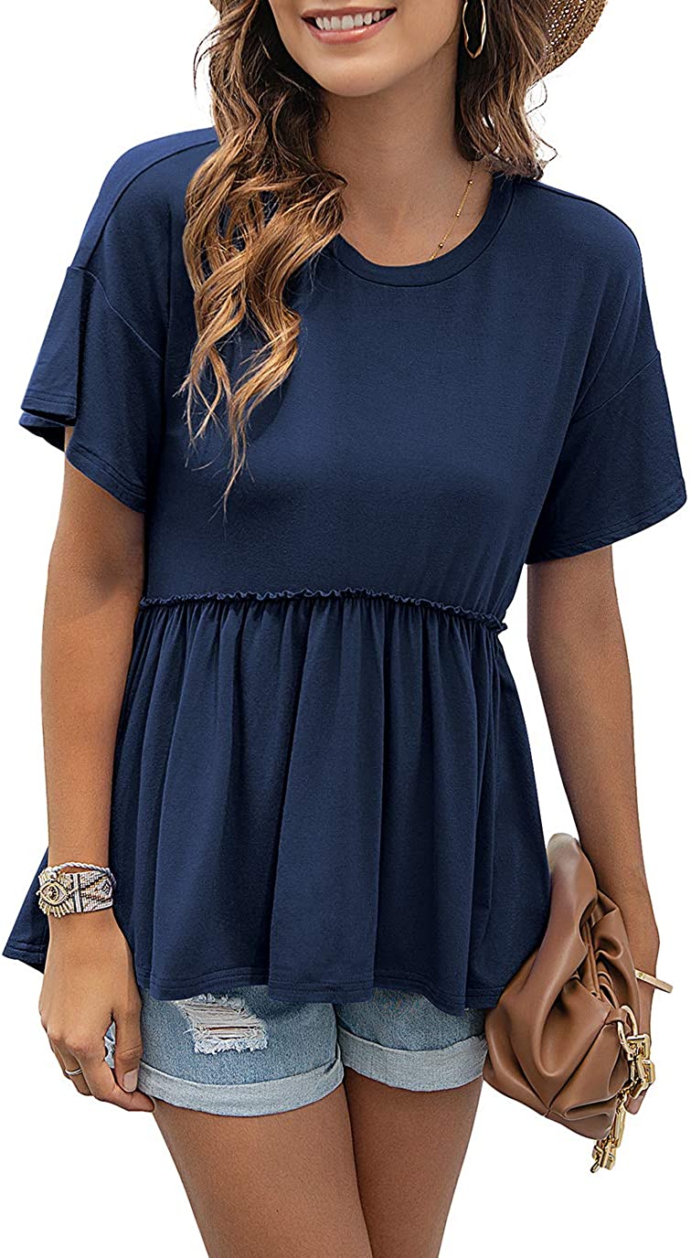 Women's Loose Ruffle Hem Short Sleeve High Low Peplum Blouse Top