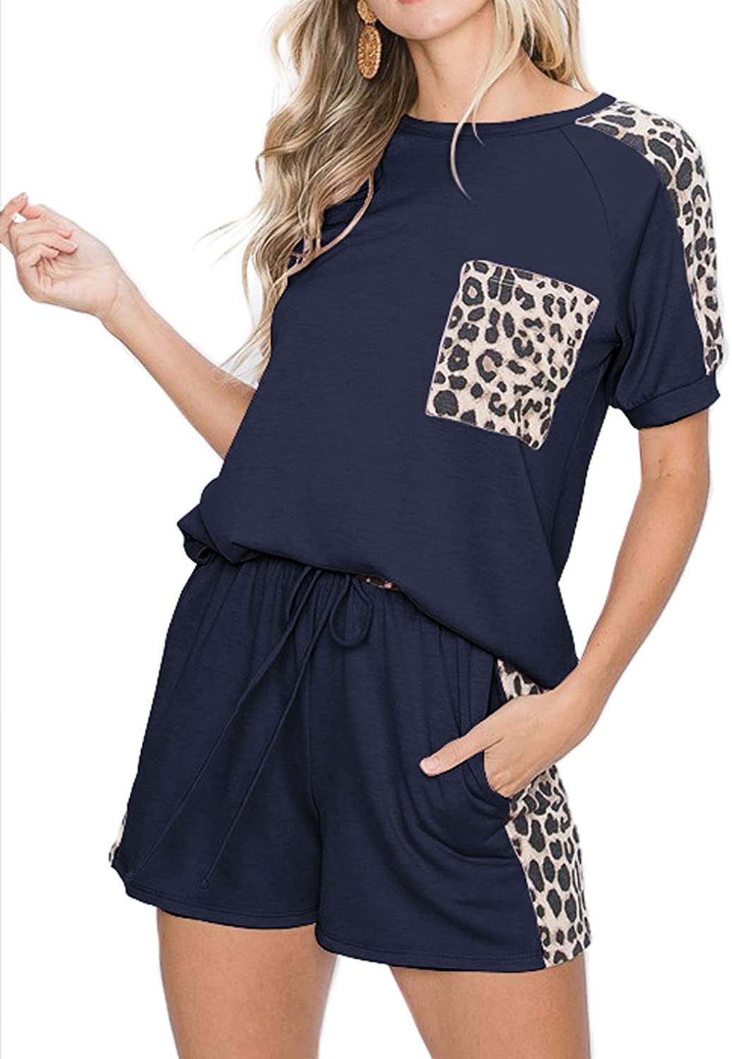 Women’s Casual Leopard Printed Pajamas Set Short Sleeve Tops With Shorts Lounge Set Two-Piece Sleepwear With Pockets