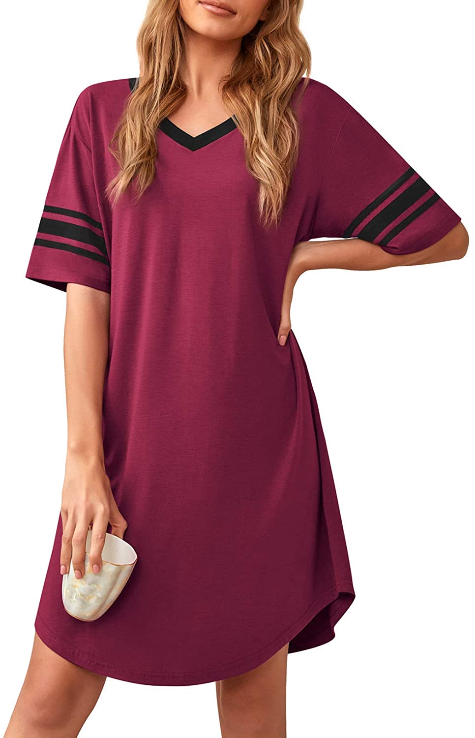 Women's Nightgown Soft Sleep Shirt V Neck Short Sleeve Loungewear Loose Comfy NightShirts