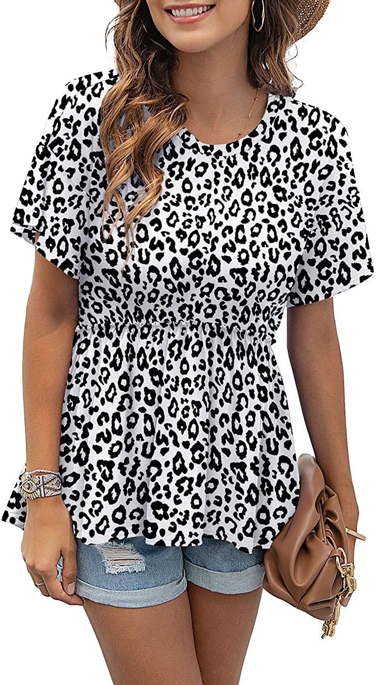 Women's Loose Ruffle Hem Short Sleeve High Low Peplum Blouse Top