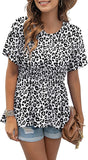 Women's Loose Ruffle Hem Short Sleeve High Low Peplum Blouse Top