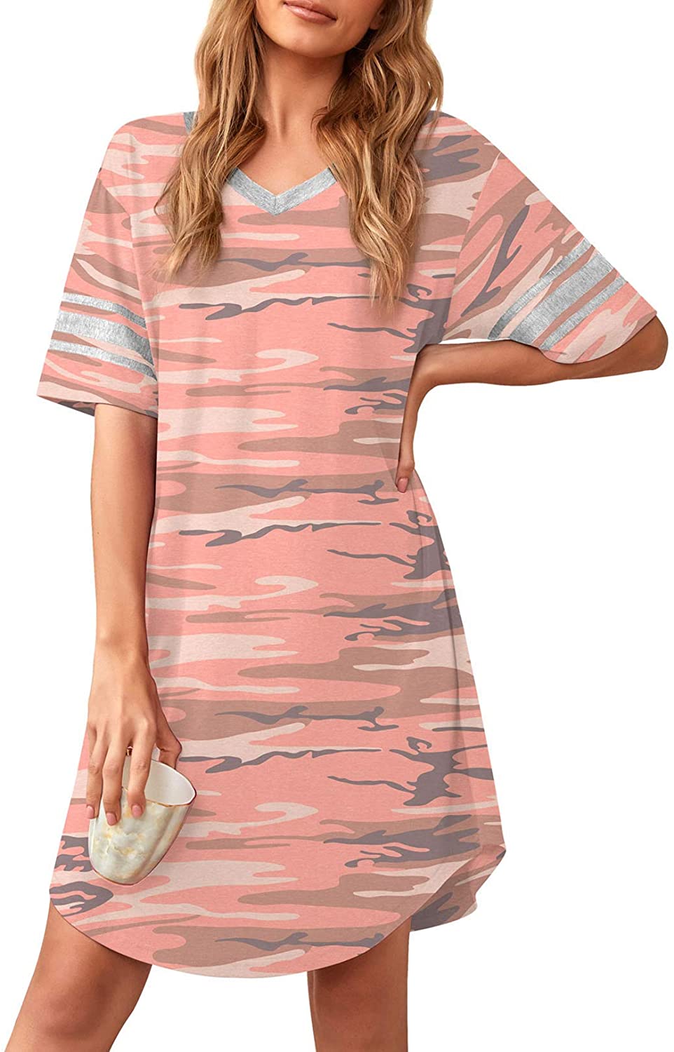 Women's Nightgown Soft Sleep Shirt V Neck Short Sleeve Loungewear Loose Comfy NightShirts