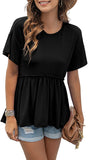 Women's Loose Ruffle Hem Short Sleeve High Low Peplum Blouse Top