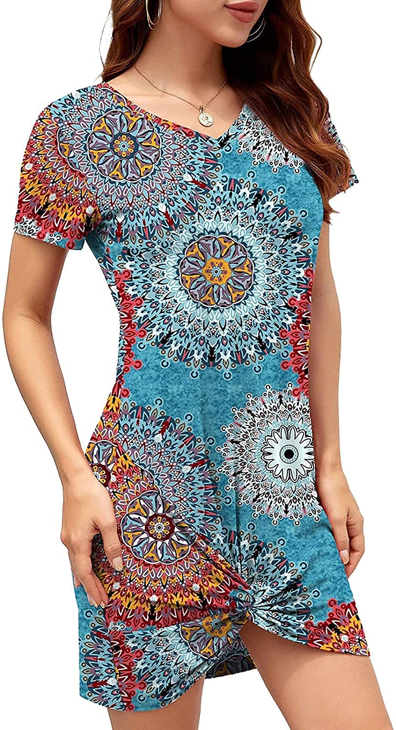 Women Summer Short Sleeve Loose Tshirt Dress V Neck Front Knot Twist Casual Dresses
