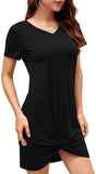 Women Summer Short Sleeve Loose Tshirt Dress V Neck Front Knot Twist Casual Dresses