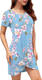 Women Summer Short Sleeve Loose Tshirt Dress V Neck Front Knot Twist Casual Dresses