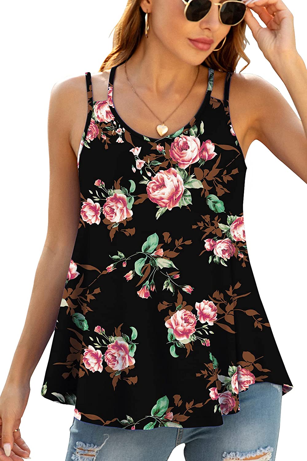 Women’s V-Neck Flowy Summer Two Spaghetti Straps Sexy Casual Sleeveless Tank Tops Shirts