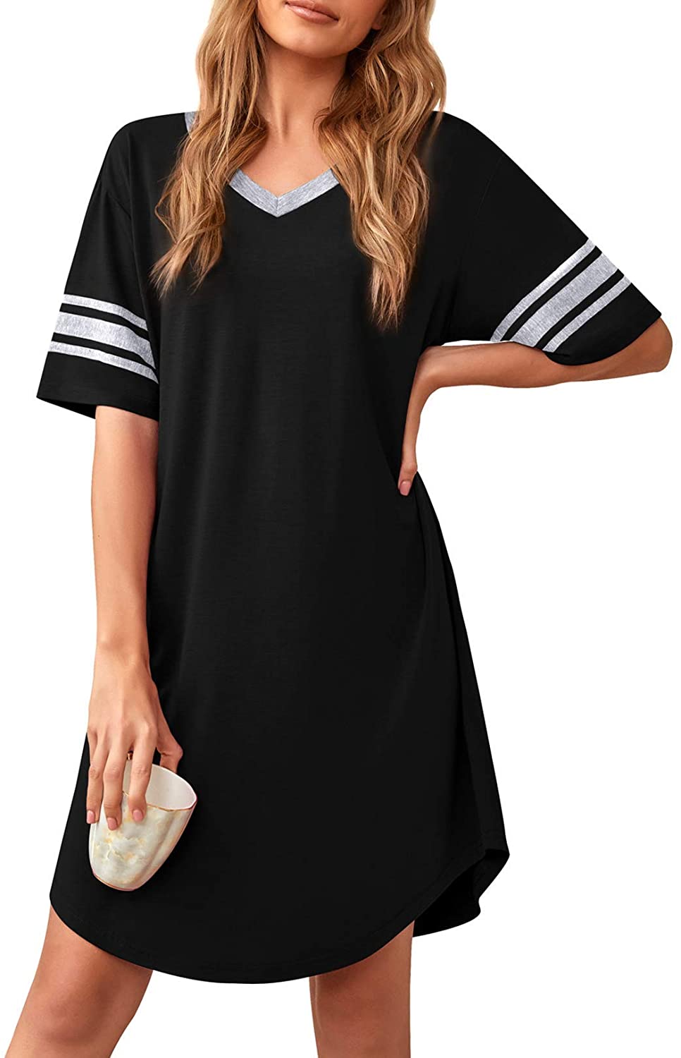Women's Nightgown Soft Sleep Shirt V Neck Short Sleeve Loungewear Loose Comfy NightShirts