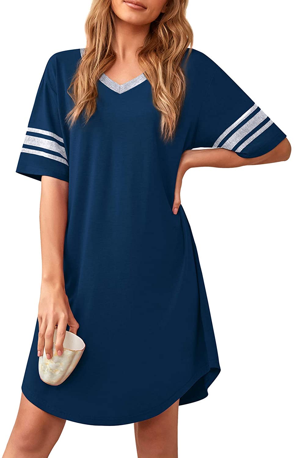 Women's Nightgown Soft Sleep Shirt V Neck Short Sleeve Loungewear Loose Comfy NightShirts