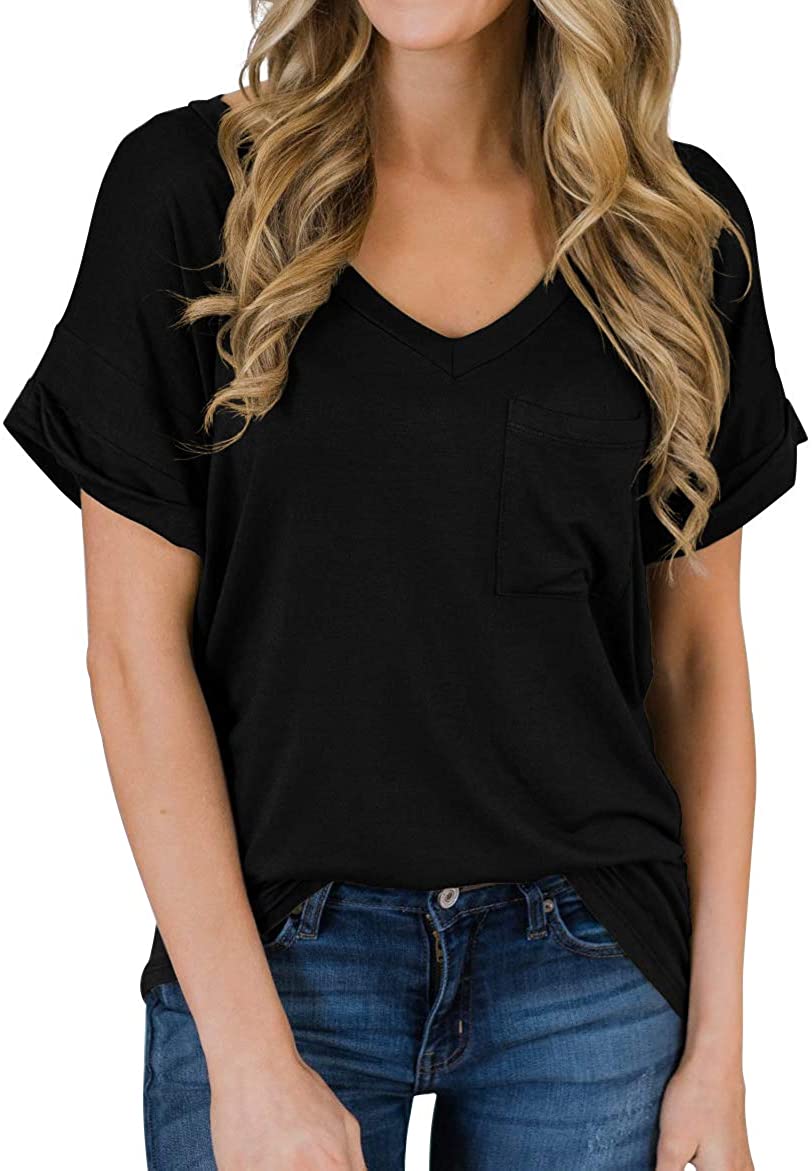 Women's Casual Tops Short Sleeve V-Neck Shirts Loose Blouse Basic Tee T-Shirt