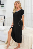 Womens Long Nightgown Short Sleeve Nightshirt V-Neck Soft With Pockets